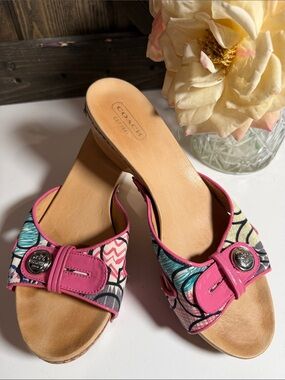 Coach Pink Multicolor Patterned Slide Mules